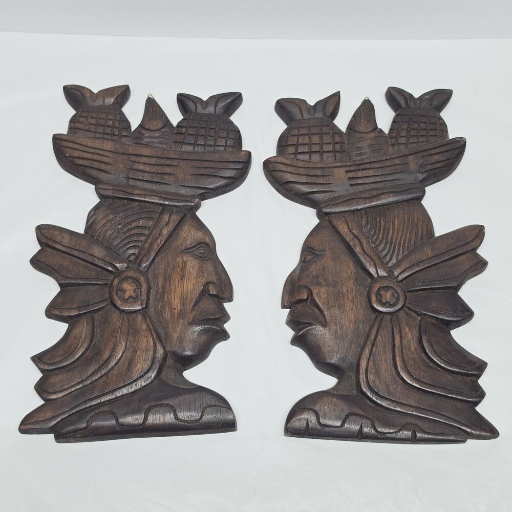 Vintage PAIR Tribal Native American Chief Face Wood Carving Wall Hanging 12"X7"
